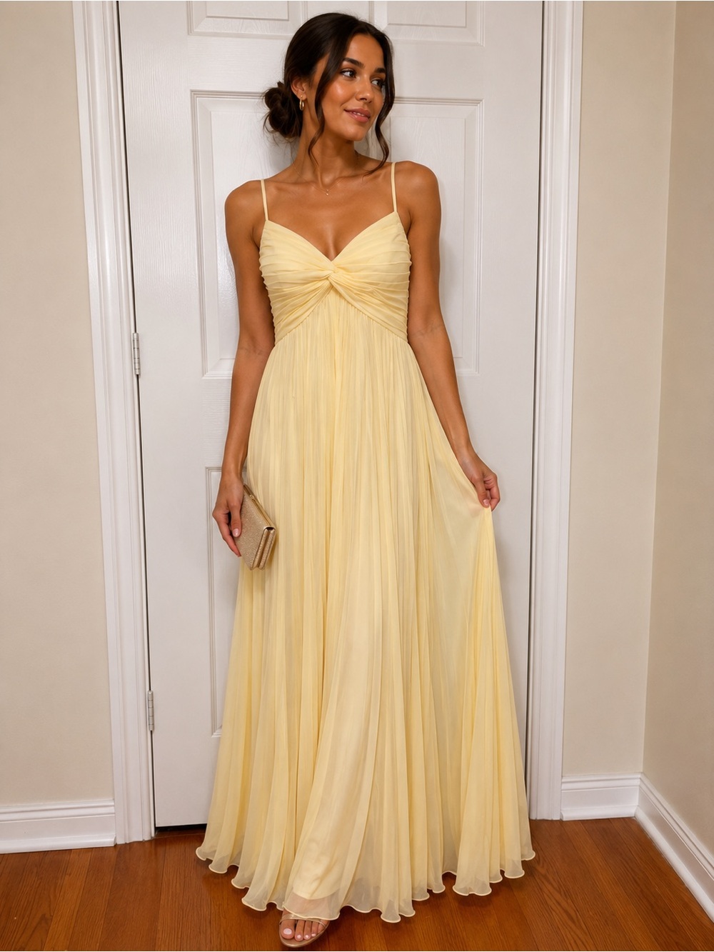 Spaghetti Strap Ivory Pleated Maxi Dress